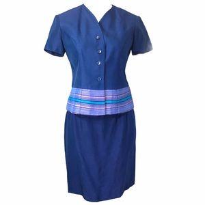 Short Sleeve 2 Piece Vintage Suit Dress Blue Multicolor Detail